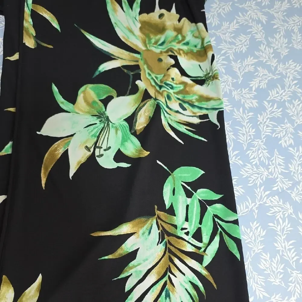 Lauren Ralph Lauren Womens Sz 2X Black Green Tropical Pockets Wide Leg Pants